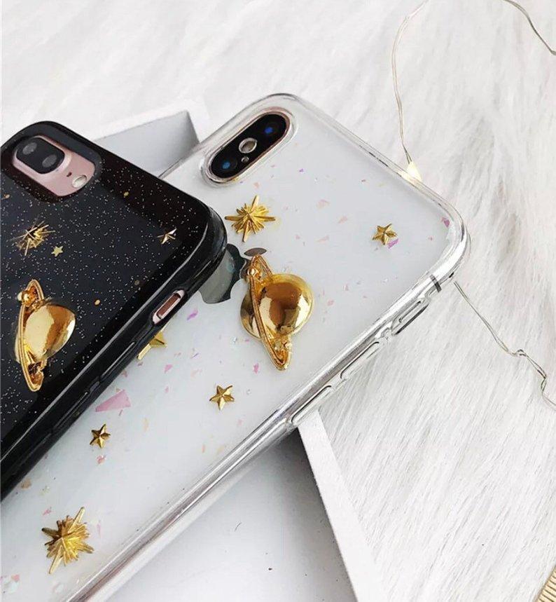 Gold moon stars planet glitter soft phone case