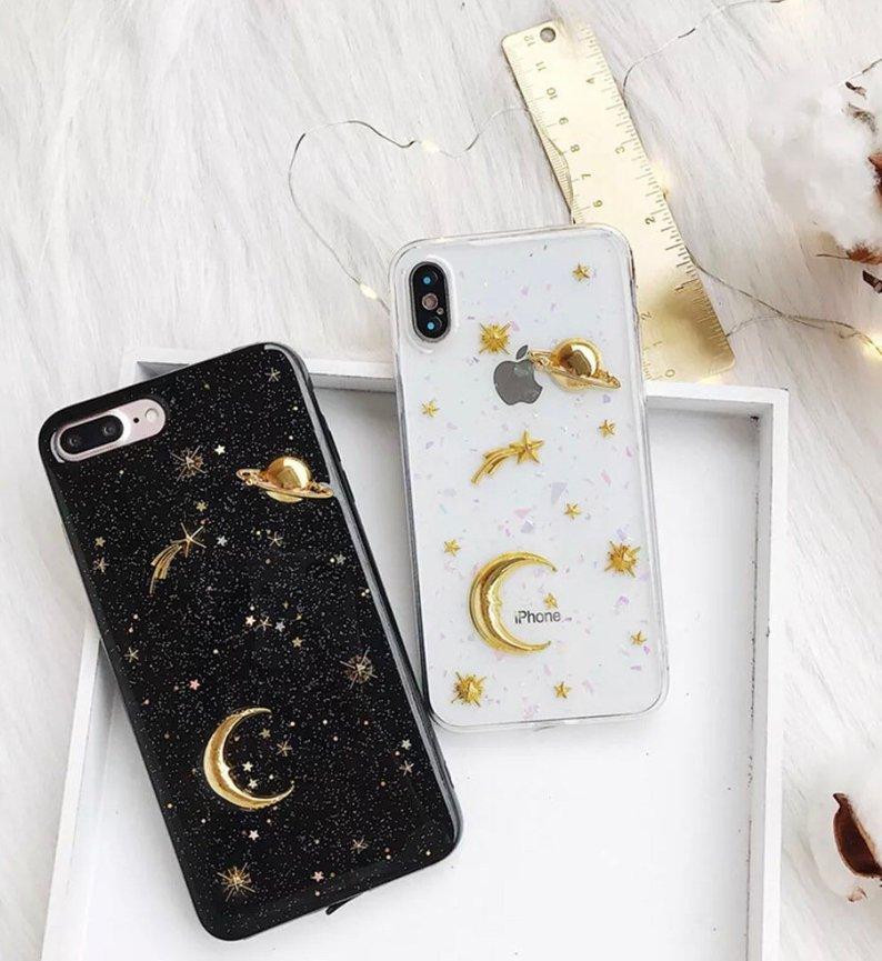 Gold moon stars planet glitter soft phone case